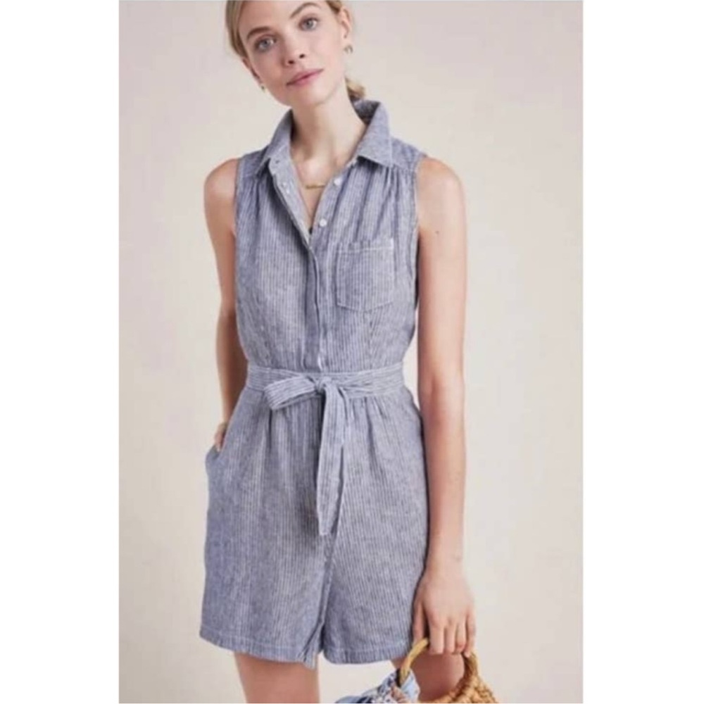 By Anthropologie Sz 2 Linen Cotton Blend Stripe Railroad Romper Seersucker Short